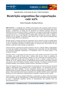 Restrição argentina faz exportação cair 22%