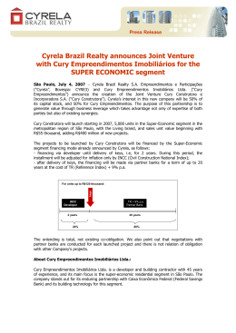 Cyrela Brazil Realty announces Joint Venture with Cury