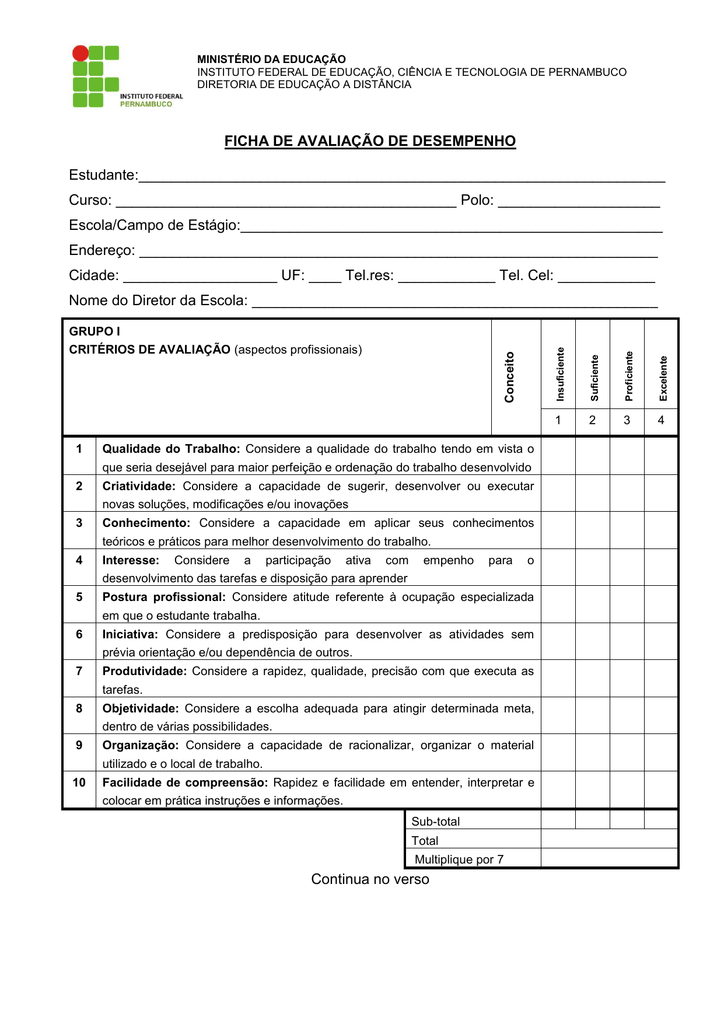 Exemplo De Ficha De Avaliacao De Desempenho Varios Exemplos Images 2169