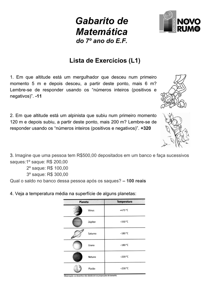 Exercícios De Números Negativos é Positivos 7 Ano Com Gabarito