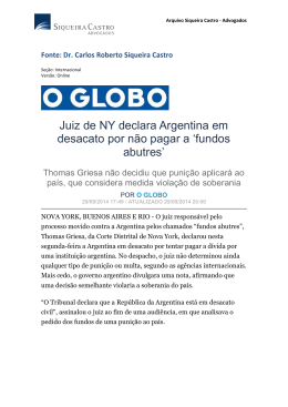 Juiz de NY declara Argentina em desacato por não pagar a `fundos