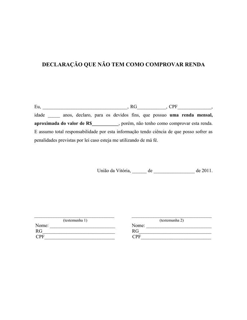 exemplo de declaração de renda para quem não trabalha Novo Exemplo