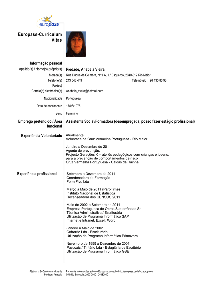 curriculum vitae europass primeiro emprego curriculum vitae europass primeiro emprego