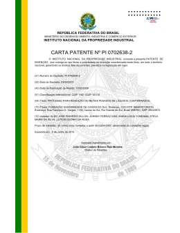 Carta-Patente expedida pelo INPI em julho de 2015