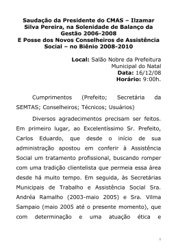 Saudação da Presidente do CMAS – Ilzamar Silva Pereira, na Sole