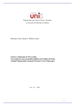 Discente: Ana Cristina F. Ribeiro Canto. G&eacute;nero e Educa&ccedil;&atilde;o no Pr&eacute;