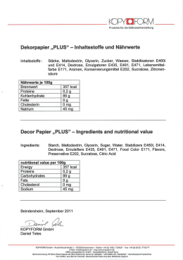 Dekorpapier „PLUS“ —- lnhaltsstoffe und Nährwerte