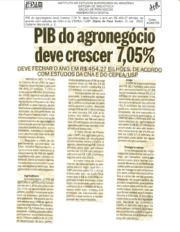 31/10/2003 - PIB do agronegócio deve crescer 7,05%