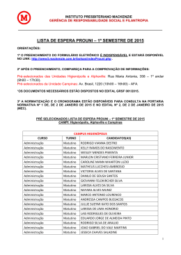 LISTA DE ESPERA PROUNI – 1º SEMESTRE DE 2015