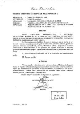 RECURSO ORDIN&Aacute;RIO EM MS N&rdquo; 5.728 - MG (l995l0021531-4)