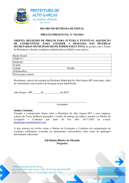 recibo de retirada de edital preg&atilde;o presencial n.&ordm; 021/2015 objeto