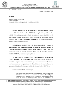 Ao Senhor: Ant&ocirc;nio Ribeiro de Oliveira Diretor - SINFAR-GO