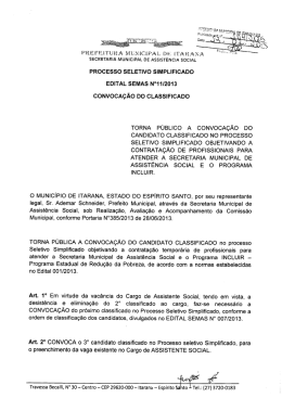 EDITAL SEMAS N&ordm;11/2013 - Convoca&ccedil;&atilde;o do Classificado