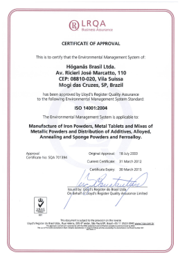 ISO 14001:2004 H&ouml;gan&auml;s Brasil Ltda.