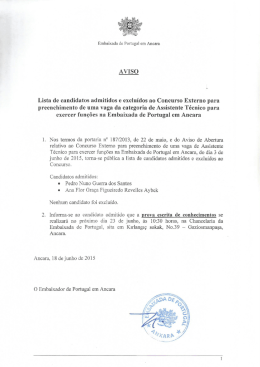 AVISO Lista de candidatos admitidos e excluídos ao Concurso