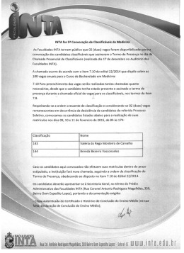 INTA faz 5&Eacute; Convoca&ccedil;&atilde;o de Classific&aacute;veis de Medicina H
