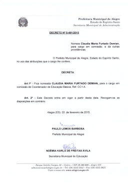 Decreto 9491-15 - Nomeia Claudia Maria Furtado Demian - Alegre-ES