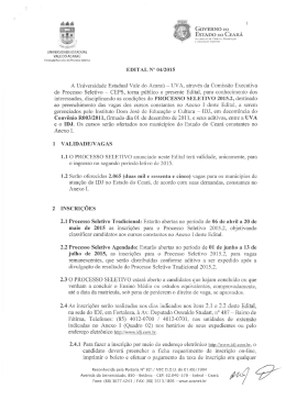 EDITAL N&deg; 04/2015 A Universidade Estadual Vale do Acara&uacute;