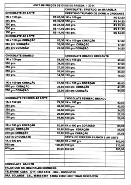 LISTA DE PREÇOS DE OVOS EE PÁSCOA I 2014 CHOCOLATE l