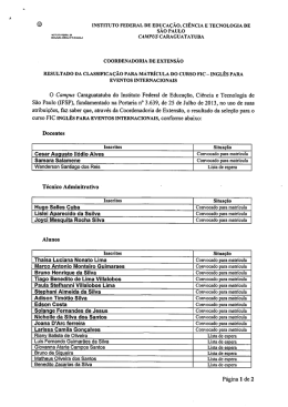 resultado da classifica&ccedil;&atilde;o para matr&iacute;cula do curso fic h ingl&ecirc;s para