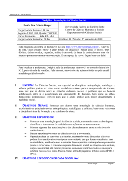 Disciplina: Introdu&ccedil;&atilde;o &aacute;s Ci&ecirc;ncias Sociais Profa. Dra. Mirela Berger
