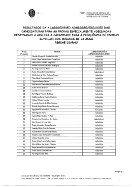 resultados da admissão/não admissão/exclusão das