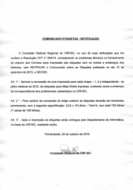COMUNICADO ETIQUETAS - RETIFICAÇÃO A Comissão