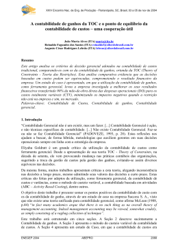 A contabilidade de ganhos da toc e o ponto de equil&iacute;brio da