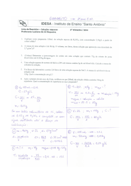 2&deg; Ano - Gabarito de Lista de Exerc&iacute;cios sobre Solu&ccedil;&otilde;es Aquosas