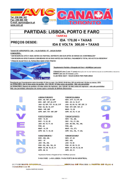 NOVAS TARIFAS TORONTO INVERNO-PRIMAVERA 2010-2011