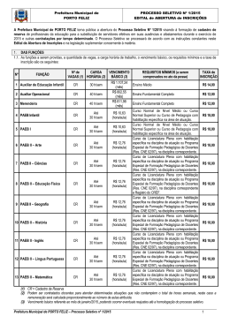 Prefeitura Municipal de PORTO FELIZ – Processo Seletivo nº 1