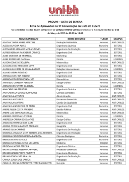 PROUNI &ndash; LISTA DE ESPERA Lista de Aprovados na 1&ordf; - Uni-BH