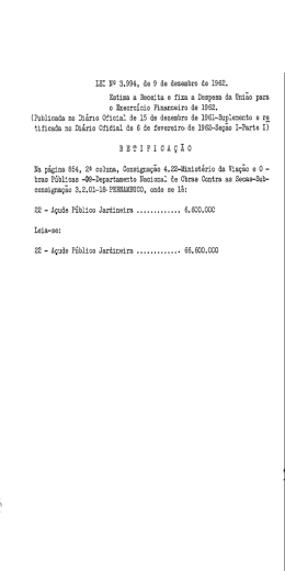 o Execreieio Financeiro de 1962. (Publicada no Diário Oficial de 15