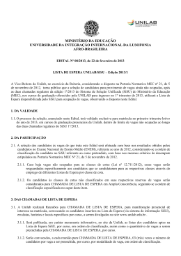 Edital N&ordm; 08/2013 &ndash; Processo Seletivo Unilab/SiSU &ndash; Lista de Espera