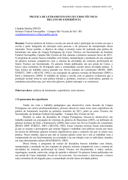 PR&Aacute;TICA DE LETRAMENTO EM UM CURSO T&Eacute;CNICO: RELATO