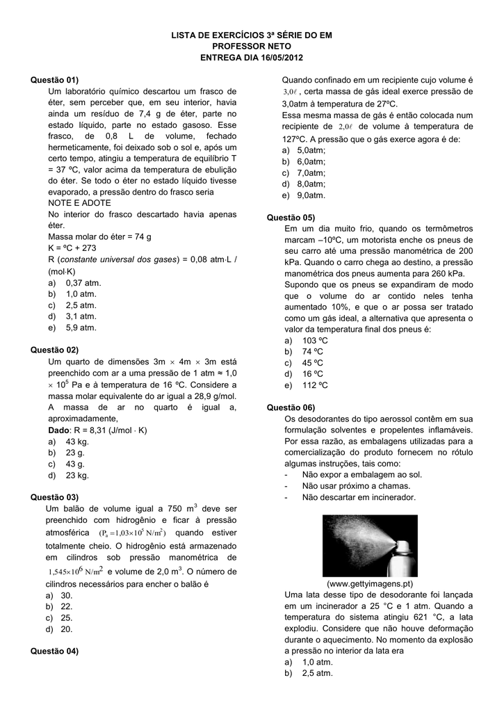 Lista De Exercicios 3ª Serie Do Em Professor Neto