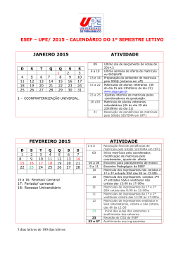 ESEF &ndash; UPE/ 2015 - CALEND&Aacute;RIO DO 1&ordm; SEMESTRE LETIVO