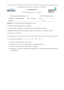 1a Prova de Cálculo Numérico - G1 Prof. Ms
