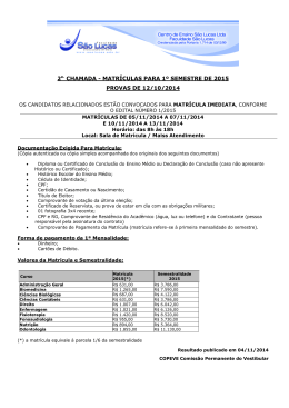 2a. CHAMADA - MATR&Iacute;CULAS PARA 1&ordm; SEMESTRE DE 2015