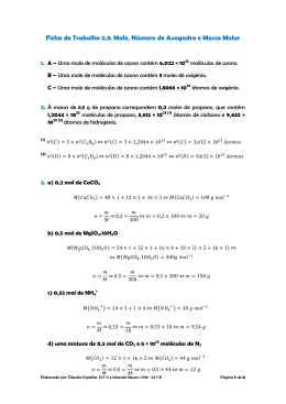 Ficha de Trabalho 2.3: Mole, N&uacute;mero de Avogadro e Massa Molar