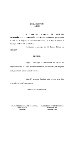 Resolu&ccedil;&atilde;o CRMV-SP N&ordm; 1598, de 14 de fevereiro de 2007