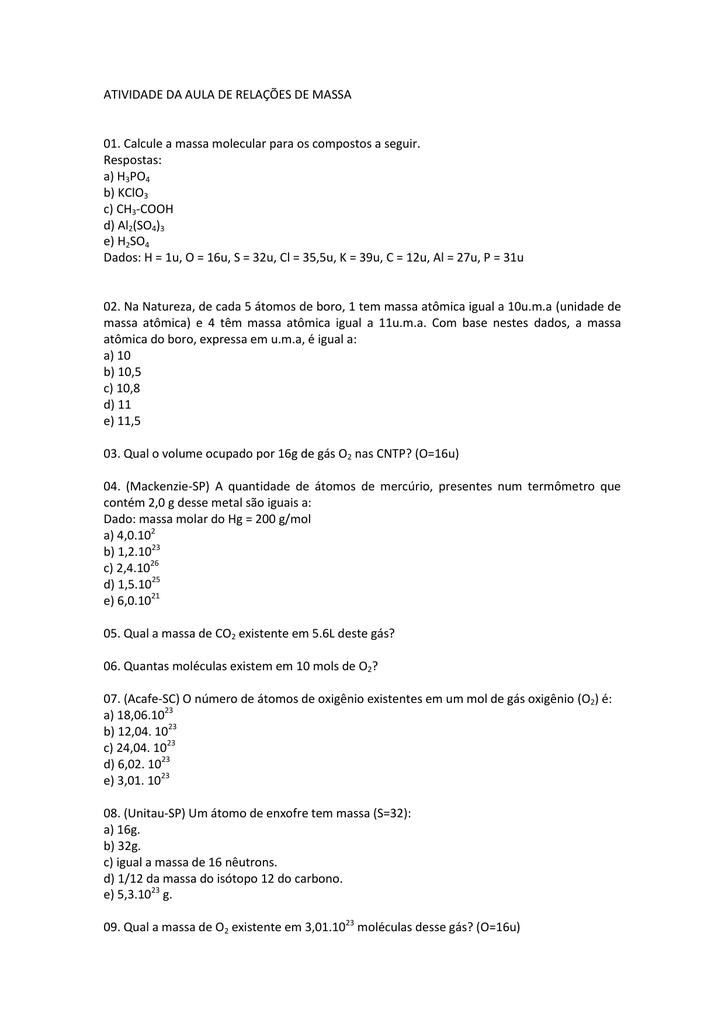 Atividade Da Aula De Relacoes De Massa