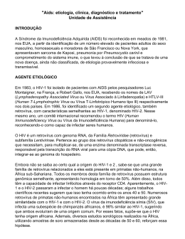 "Aids: etiologia, clínica, diagnóstico e tratamento"