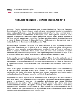 RESUMO T&Eacute;CNICO &ndash; CENSO ESCOLAR 2010