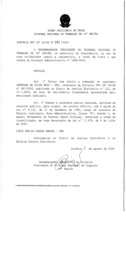 Portaria TRT 18&ordf; GP/DG N&ordm; 091 de 03/08/2009, publicada no DJE