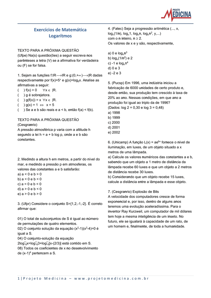 Exercicios De Matematica Logaritmos