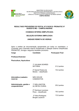RESULTADO PROVIS&Oacute;RIO DO EDITAL N&ordm; 019