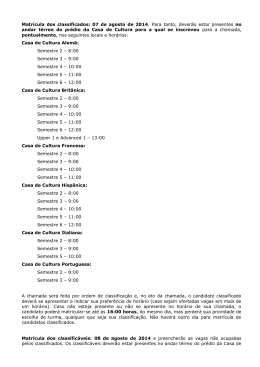 Matrícula dos classificados: 07 de agosto de 2014. Para tanto