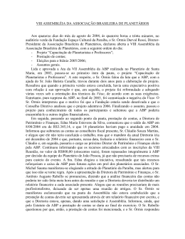 VIII ASSEMBLÉIA DA ASSOCIAÇÃO BRASILEIRA DE PLANETÁRIOS