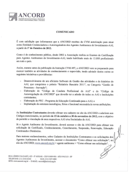 Comunicado da ANCORD sobre autorização da CVM para atuar